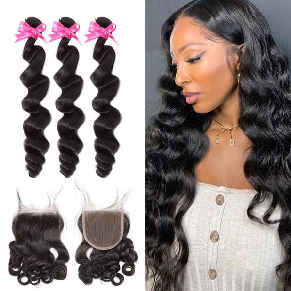 

human hair bulks wigirl 28 30 inches loose wave bundles with 4x4 lace closure 3 4 remy extension, Black