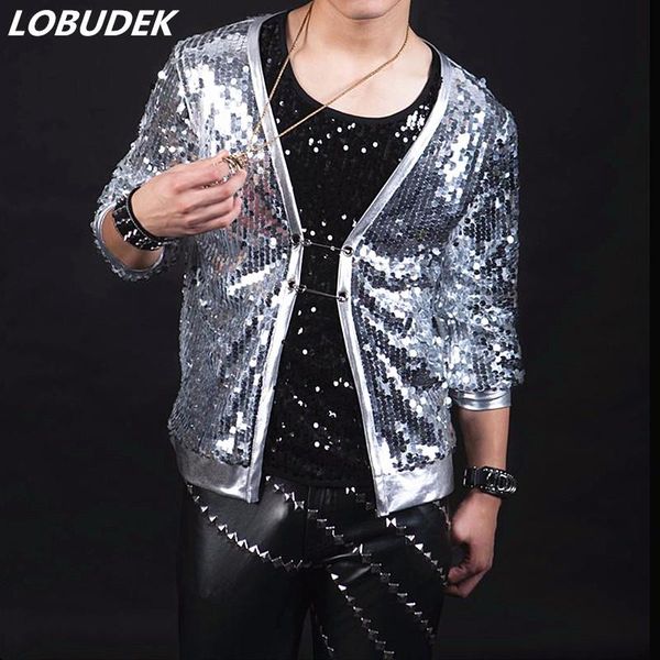 

men's jackets stage casual silver sequin jacket singer dancer show male dance costumes outerwear coat dj jazz nightclub performance bar, Black;brown