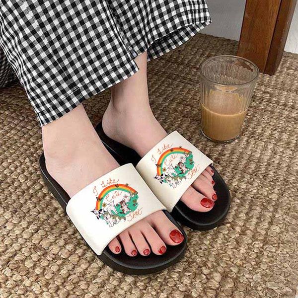 

slippers rainbow printed lady slipper 2021 women shoes casual flat harajuku summer sandals for woman mujer, Black
