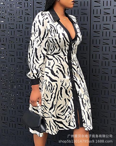 

party dresses spot 2021 women's leopard print long sleeve lapel shirt dress, White;black