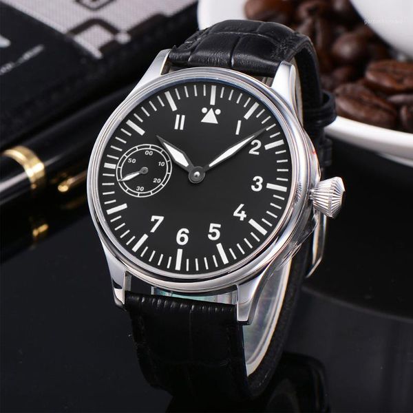 

men's manual winding mechanical watch stainless steel round small three-hand luminous waterproof chronograph army wristwatches, Slivery;brown