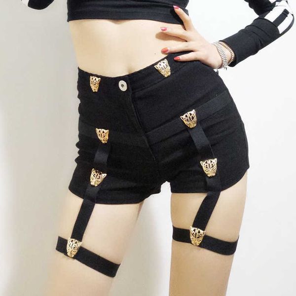 

ladies shorts cotton high waist punk style rock bandage hollow out dance show party club skinny short fashion 200-955 210611, White;black