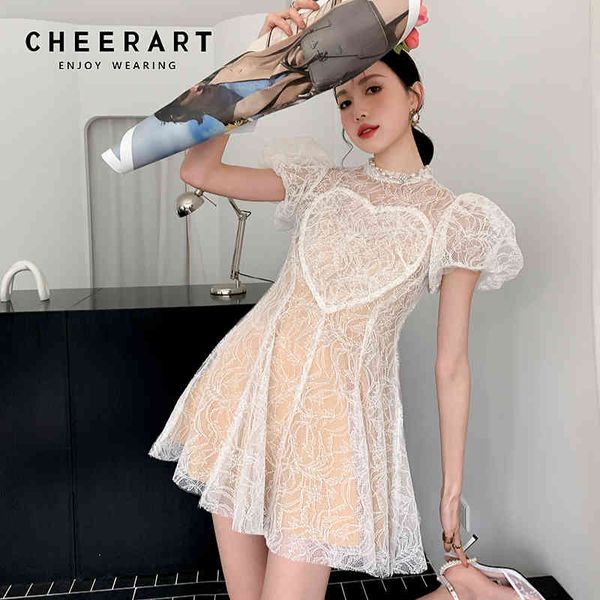 

summer puff sleeve white lace dress women heart short a line tunic see through cute kawaii clothes 210427, Black;gray