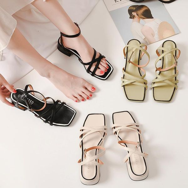 

sandals summer 2021 women's high-heeled with thin straps, thick heels, square toe, large size 41-42 elegant shoes, Black