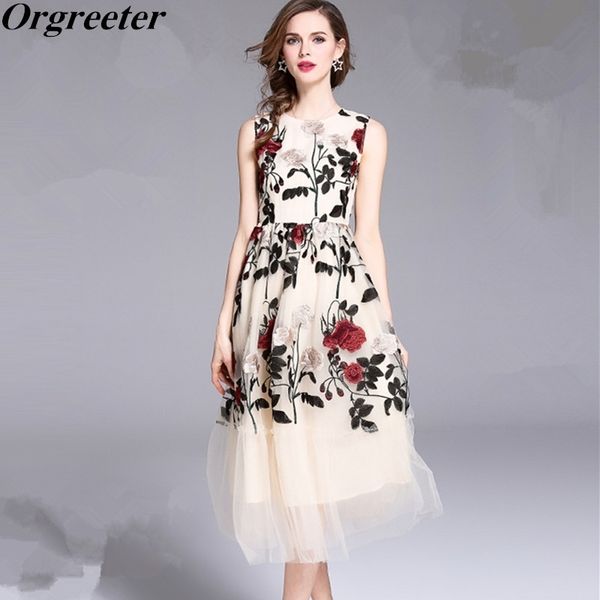 

elegant flower embroidery net yarn women dress summer fashion sleeveless vintage slim vest dresses plus size xxl 210525, Black;gray