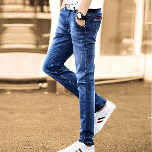 

men blue pants elastic jeans pencil casual scratched slim men's