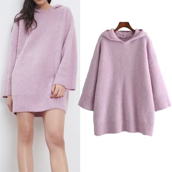 

pink hooded sweater dress women oversized winter long sleeve mini knitted ladies rib loose casual es 210519, Black;gray