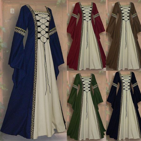 Vestidos casuais kalenmos gótico quadrado colaras mulheres flared mangas laço longo costura impressão vestido retro mulher medieval roupas