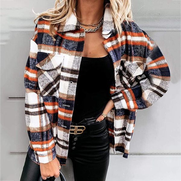 

women's jackets women checked thicken shirt coat autumn winter woolen blends warm long plaid coats female elegant retro casual oversize, Black;brown