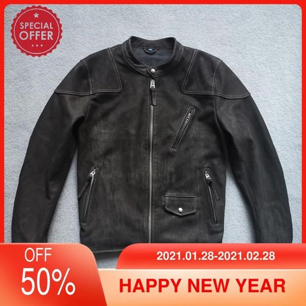 

black american motorcycle style genuine leather jacket men plus size 3xl real cow suede autumn slim fit short biker's coat men's &