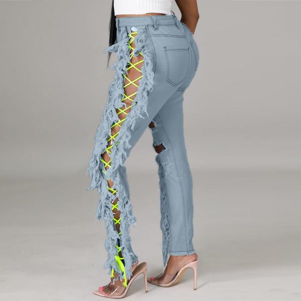 

women's jeans korean fashion slim plus size ripped hole gradient long women denim harajuku baggy vintage button pants washed 6, Blue