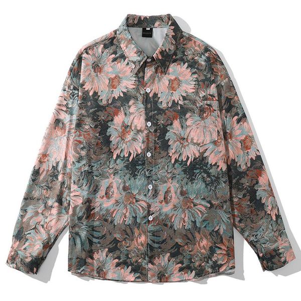 

men's casual shirts mens harajuku hand painted daisies hawaii long sleeve oversized chic blouse summer button streetwear, White;black
