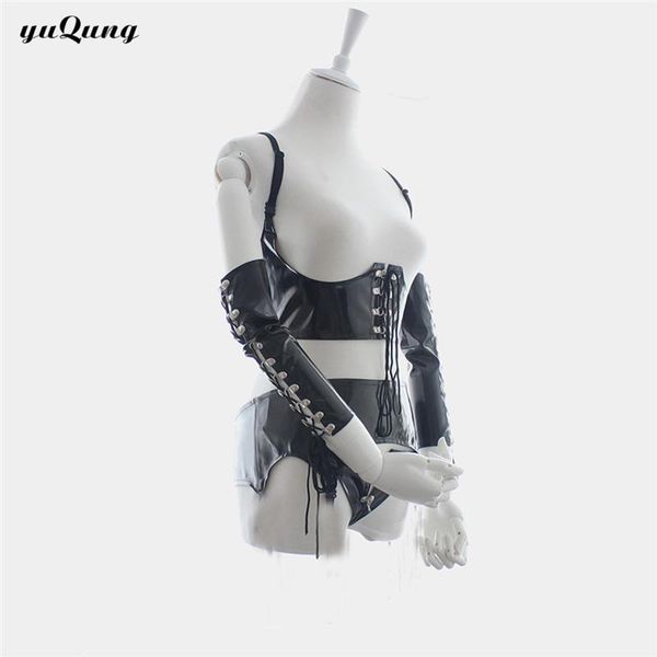 

bras sets yuqung pvc latex pu leather womens cupless open bra erotic lingerie set 3 pcs corset fetish body harness brassiere suit, Red;black