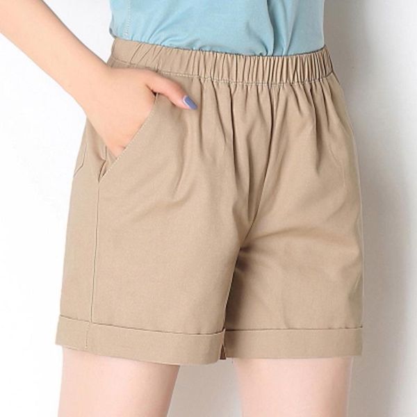 

summer elastic high waisted women's cotton shorts solid color sportwear casual female big sze black pink khaki, White;black