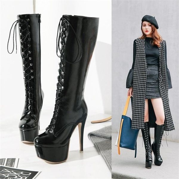 

boots 14cm slim heel super high women's 2021 round head lace up bright 48, Black