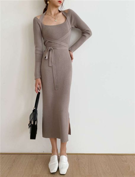 

black shoulder temperament slim fit long hip waist strap knitted dress long skirt women, Black;gray
