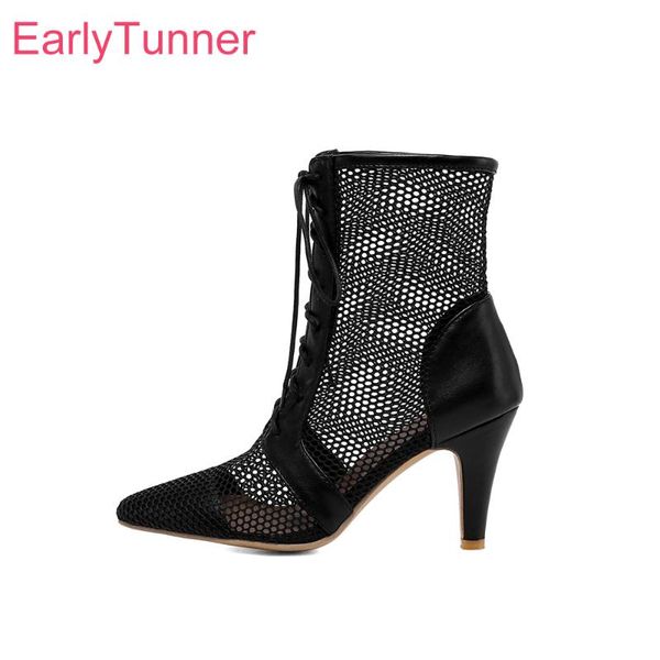 

brand sweet mesh black white women sandals lace up high spike heels lady shoes plus big small size  32 43 47 dress