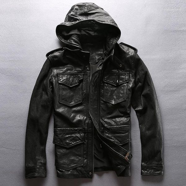 

hooded men's sheepskin genuine leather motorcycle biker flight jacket brand vintage european american hat detachable coat & faux, Black