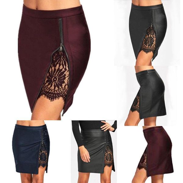 

skirts 2021 fashion women bodycon casual lace leather patchwork wrap skirt zipper slim arrival, Black
