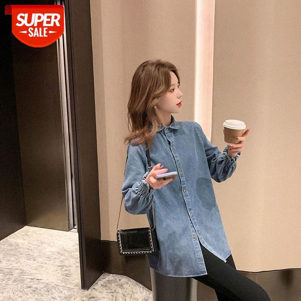 

[1.04 product] sweet and cool style personality casual asymmetrical denim shirt single-breasted long sleeves #hi9b, White