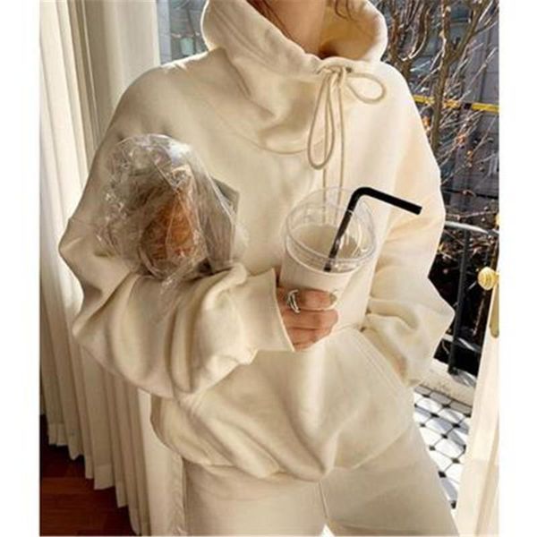 

women's two piece pants women autumn winter hooded fleece suits fashion korean turtleneck sweatshirt+high waist casual sweatpant loose, White