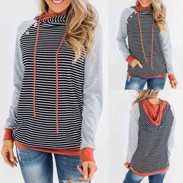 

fashion sweatshirts women hood stripe splicing long sleeves pullover autumn casual warm female pocket sweatshirt blouses #40 women's ho, Black