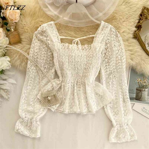 

women casual ruffle shirt summer spring long puff sleeve slim sweet lady with bow thin short 210430, White