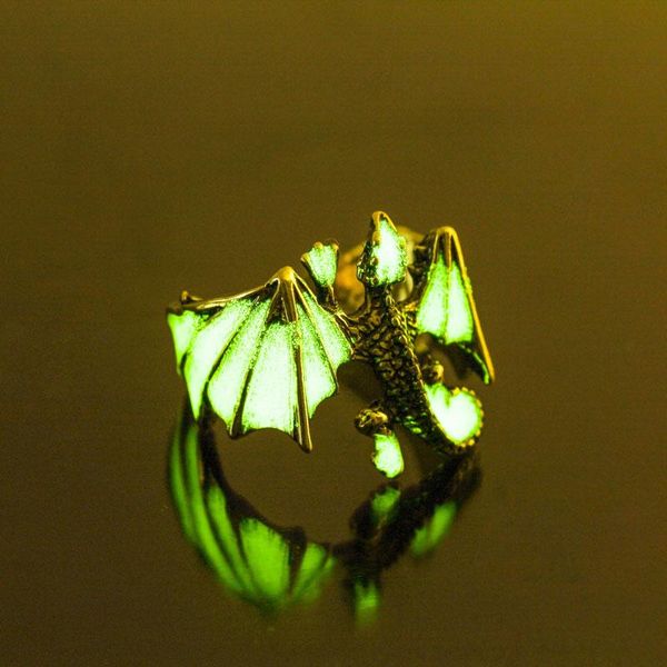 

cluster rings fashion ring dragon luminous glow in dark pterosaur finger ringe gold silver adjustable man hand jewelry, Golden;silver