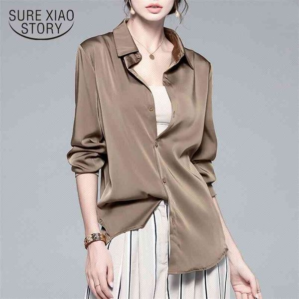 

spring vintage white long sleeve women's button up satin shirt loose chiffon korean style chic clothes 12607 210421