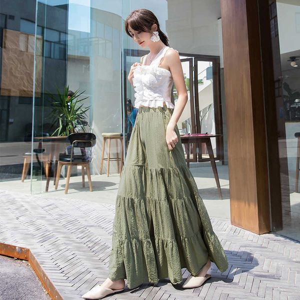 

women's pants & capris ruffles wide leg women summer chic beach casual high waisted trousers plus size cotton long green zhxa, Black;white