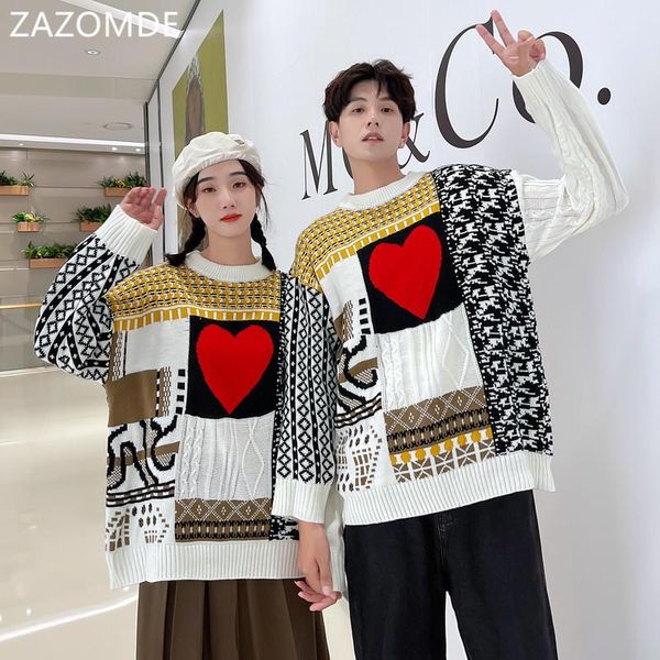 

men's sweaters zazomde winter couple love pattern pullover warm loose knitted patchwork jumper high street clothing, White;black
