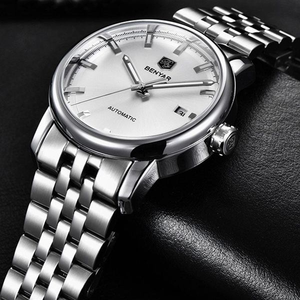 

wristwatches benyar quartz luminous watch fashion luxury men's wristwatch waterproof semi-automatic mechanical watches sport casual gif, Slivery;brown