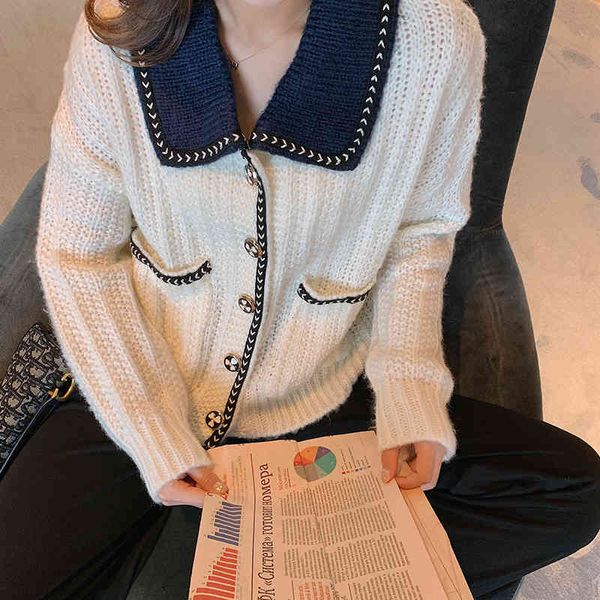 

women's knits & tees autumn women knitted sweater elegant lapel single-breasted cardigan ladies casual urban regular bottons knitw, White