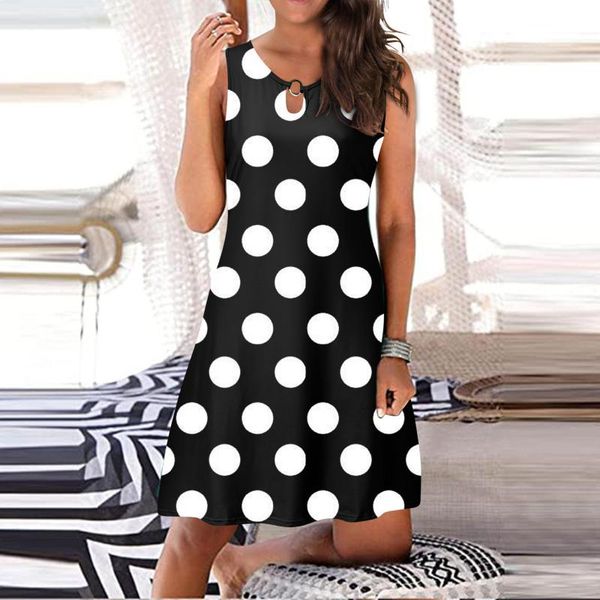 

casual dresses y2k dot print women beach dress fashion floral round neck sundress sleeveless loose tank robe femme vestidos, Black;gray