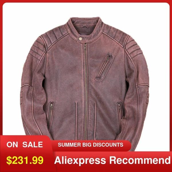 

men's leather & faux 2021 vintage brown genuine jacket men motorcycle style plus size 3xl stand collar real natural cowhide biker coat, Black