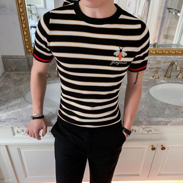 

knitting stripe round neck mens t shirt tee camiseta masculina summer streetwear social club outfits slim fit men, White;black