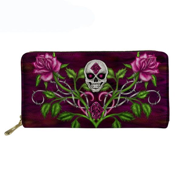 

wallets women long cool gothic skulls printed cash waterproof pu leather money bag coin purse card holder phone pocket notecase, Red;black