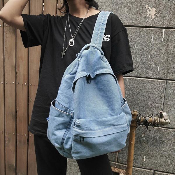 

backpack korean version of men large-capacity denim women casual student school bag multi-function blue travel