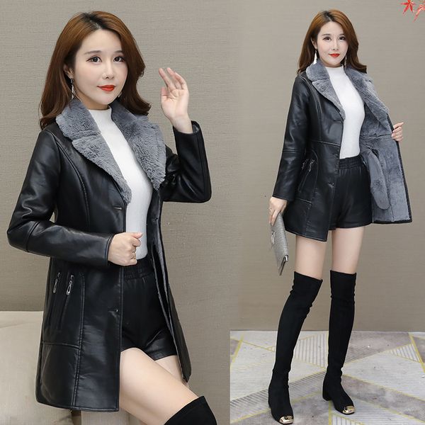 

leather women's mid-length korean version was thin and veet thick pu windbreaker fur coat, Black