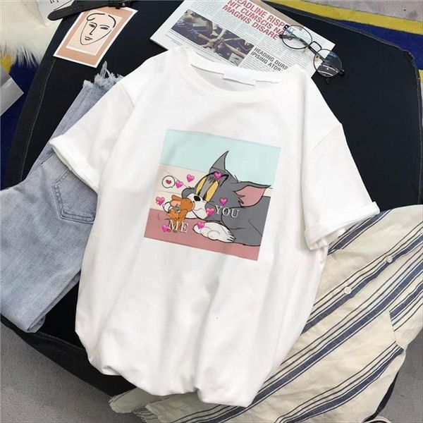 

harajuku cat and mouse women cute cartoon print summer funny loose short sleeve o neck casual womes, White
