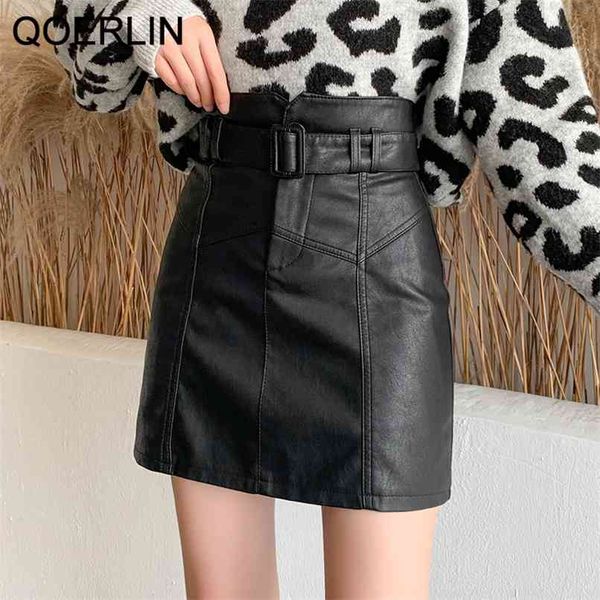 

washed pu leather skirt korean slim high waist shorts female plus size belt mini s safety liner s 210601, Black
