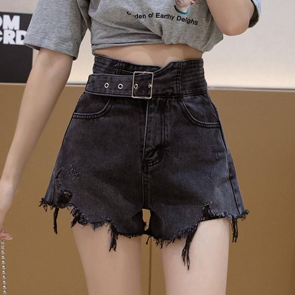 

women's shorts summer vintage office lady fashion casual irregular tassel print patchwork zipper high waist loose solid color denim, White;black