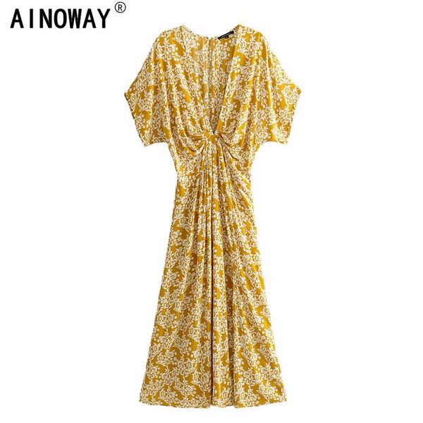 

casual dresses vintage chic women batwing sleeve yellow floral print beach bohemian maxi dress ladies deep v-neck rayon boho vestidos, Black;gray