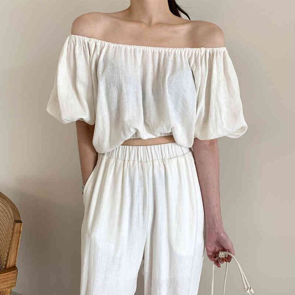 

women's two piece pants korean version of the summer simple and versatile thin collar shirt + high-waist straight-leg casual pants, White