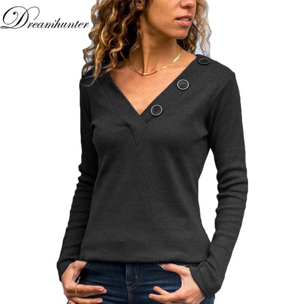 

women's t-shirt 2021 autumn women long sleeve solid color casual tees knitted clothes female v-neck button slim t shirts, White