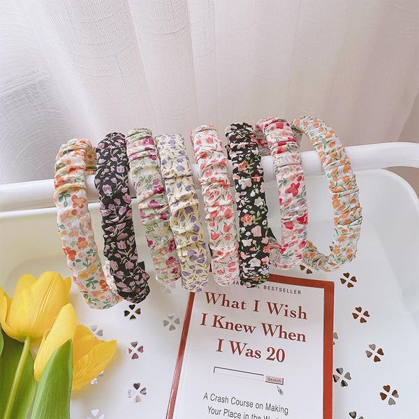 

hair accessories idyllic style small broken flower wide edge hairband simple wash face headband korean fabric pleated, Slivery;white
