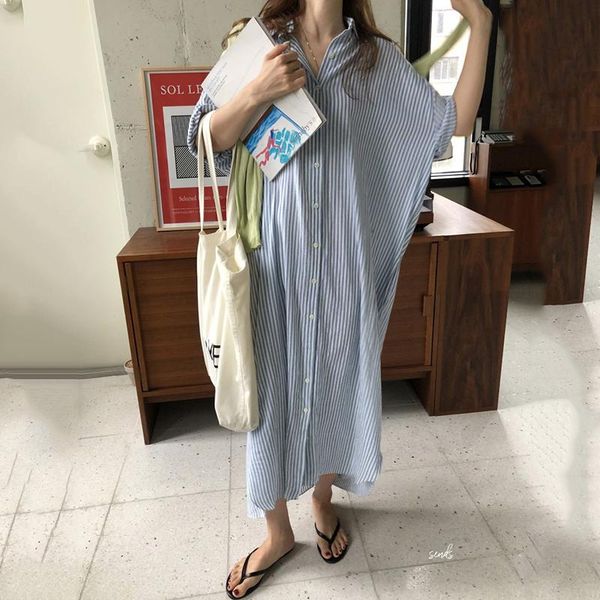 

[ewq] 2021 spring summer blue big size casual lapel single breasted theree quarter sleeve loosestriped long shirt dress 2f0470 dresses, Black;gray
