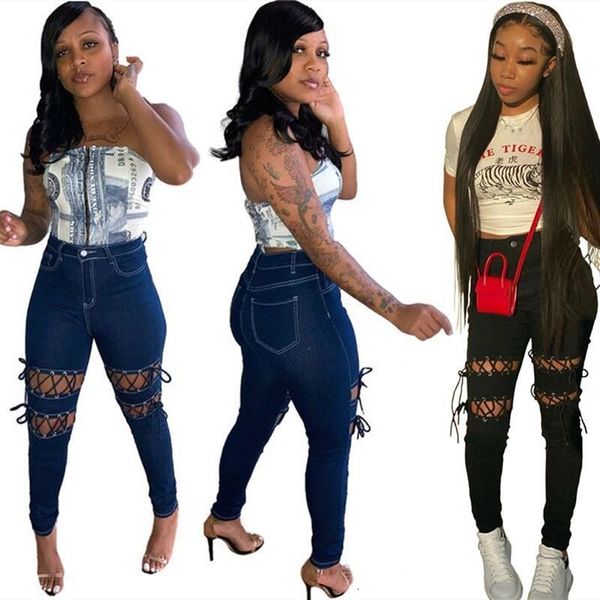 

women high waist pencil jeans stretch hollow out lace up ripped denim pants boyfriend korea trousers wholesale dropshipping, Blue