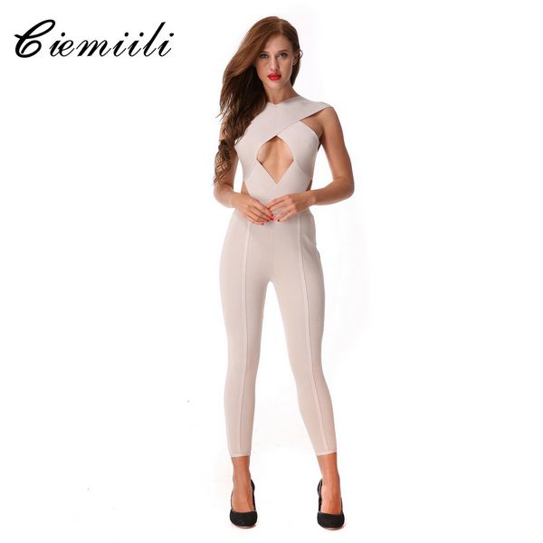 

pants 2021 women est bandage jumpsuits rompers cross halter evening party bodycon hollow out club wear, White