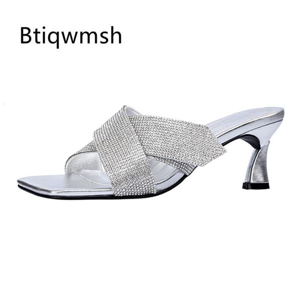 

slippers 2021 kendall women open toe rhinestone diamond strange high heel shoes woman party summer, Black